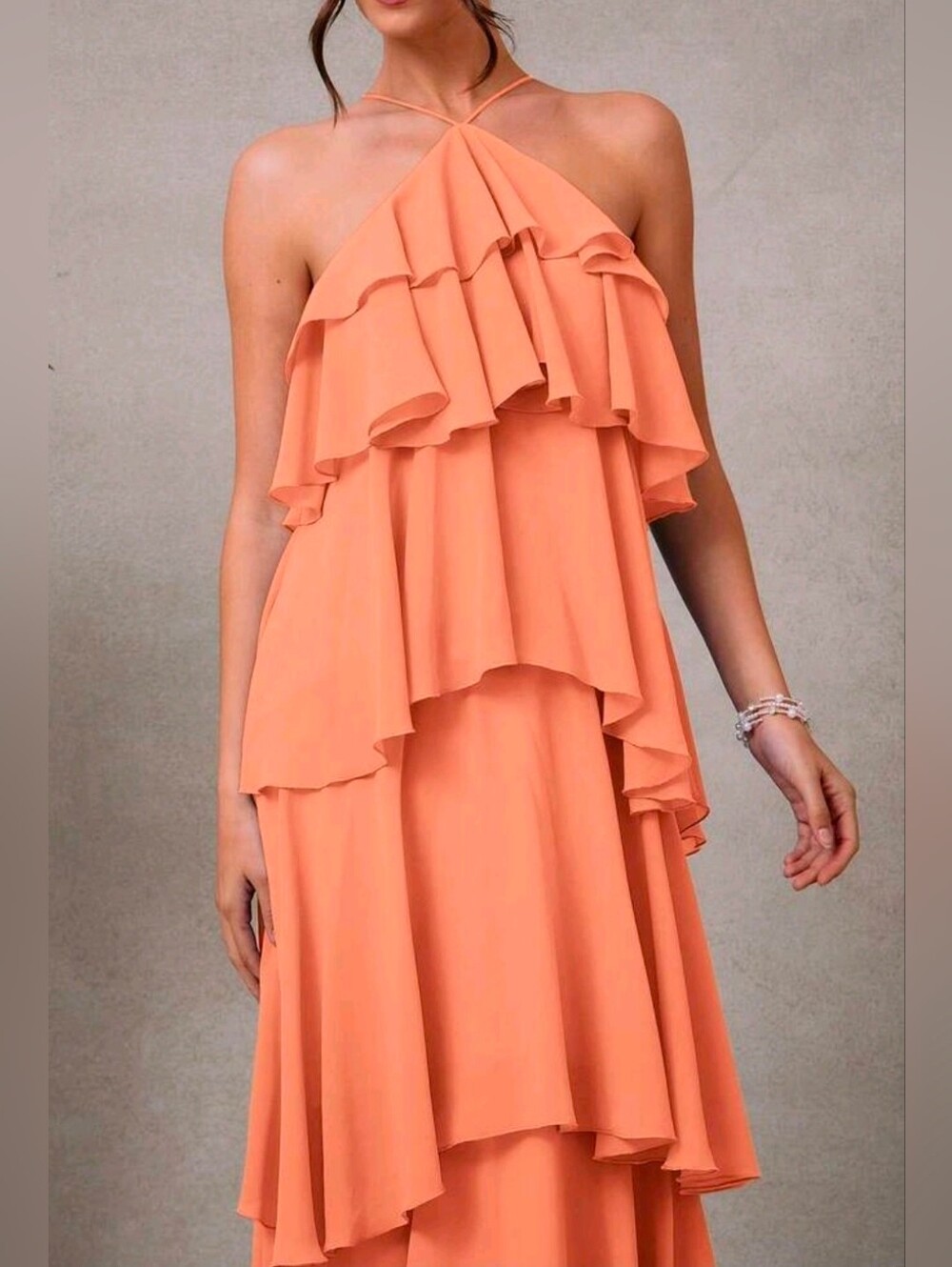 New Tiered Chiffon Ruffle Halter Maxi Dress Backless Coral Orange Peach - Picture 6 of 8